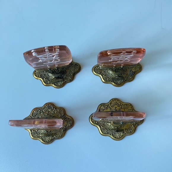 Antique Czech Glass Place Cards Holders: Set of 4, Pink Intaglio Glass - Picture 7 of 11